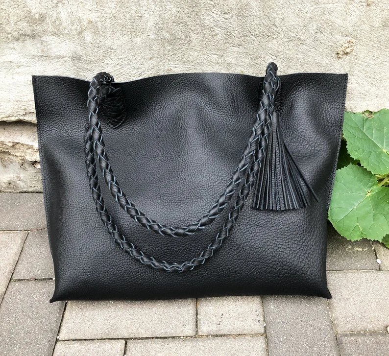 Black Leather tote bag SALE - Unique Leather computer bag for school work - Handmade Leather Shopper Bag - Travel leather tote with zipper