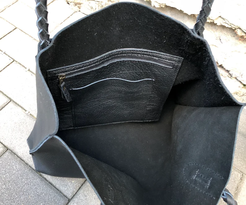 Black Leather tote bag SALE - Unique Leather computer bag for school work - Handmade Leather Shopper Bag - Travel leather tote with zipper - Imagen 3
