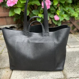 Extra large Black leather tote bag Work and travel computer bag, Large shopping bag with zipper option