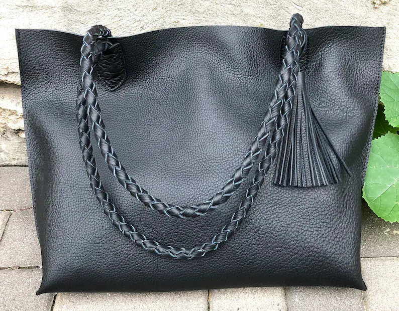 Black Leather tote bag SALE - Unique Leather computer bag for school work - Handmade Leather Shopper Bag - Travel leather tote with zipper - Imagen 5