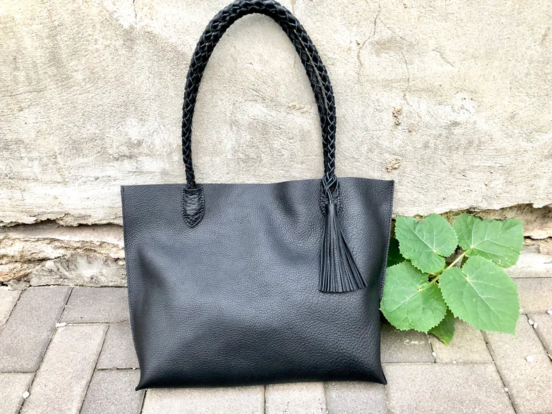 Black Leather tote bag SALE - Unique Leather computer bag for school work - Handmade Leather Shopper Bag - Travel leather tote with zipper - Imagen 4