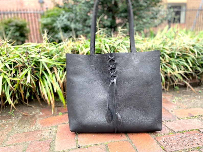 Black leather tote with leaves, Work and travel leather bag , Leather shopper bag with zipper, Laptop computer bag, women’s handbag – Image 9