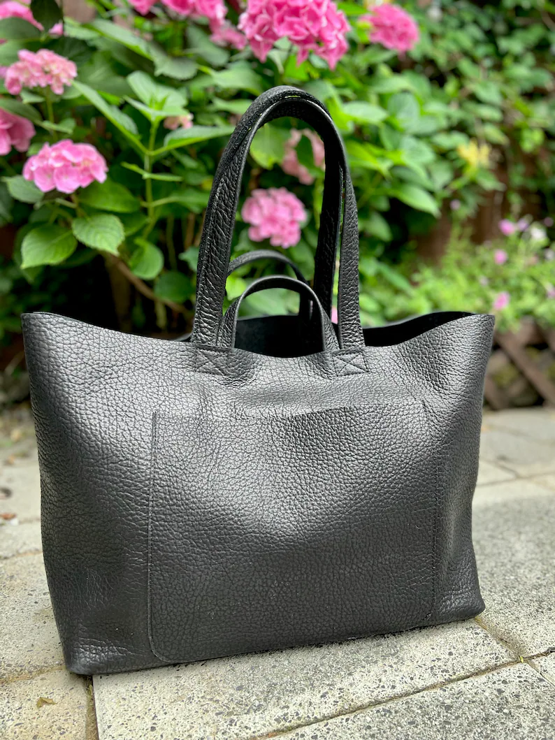 Extra large Black leather tote bag Work and travel computer bag, Large shopping bag with zipper option - Imagem 10