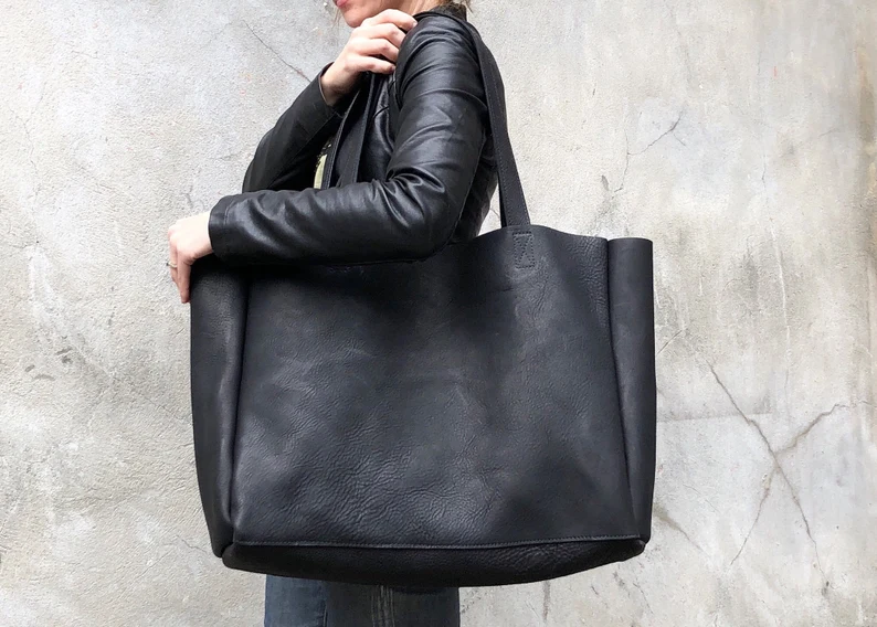 Extra large black leather tote bag
