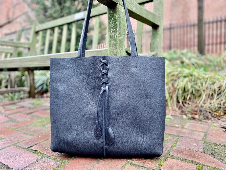 Black leather tote with leaves, Work and travel leather bag , Leather shopper bag with zipper, Laptop computer bag, women’s handbag – Image 7